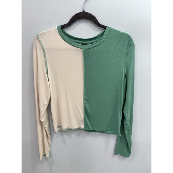 wild fable Tops - Wild Fable Colorblock Long Sleeve Crop Top Green Cream Ribbed XXL Two Tone